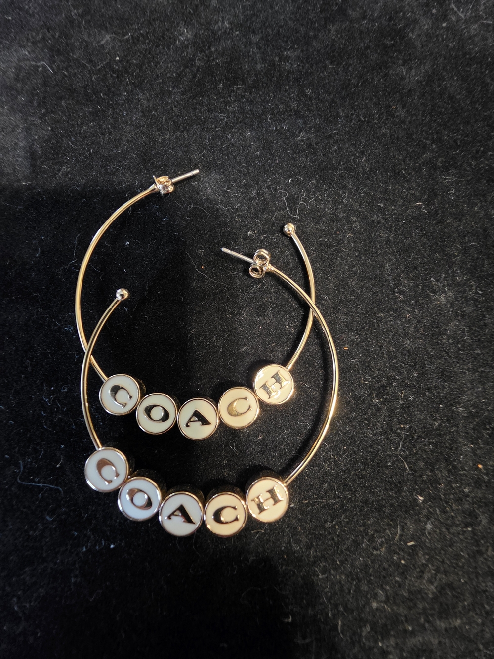 #1410 Coach Gold Hoop Earrings with White Letter Discs - Picture 2 of 2